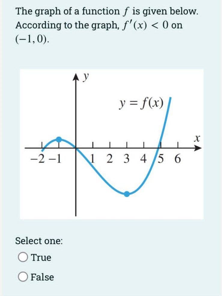 The graph of a function f is given below.
According to the graph, f'(x) < 0 on
(-1,0).
y
y = f(x)
-2 -1
1 2 3 4/5 6
Select one:
O True
O False
