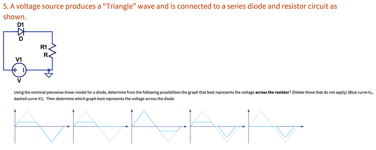5. A voltage source produces a "Triangle" wave and is connected to a series diode and resistor circuit as
shown.
D1
KH
D
V1
#1
V
R1
R
Using the nominal piecewise linear model for a diode, determine from the following possibilities the graph that best represents the voltage across the resistor? (Delete those that do not apply) (Blue curve VR,
dashed curve V1). Then determine which graph best represents the voltage across the diode.