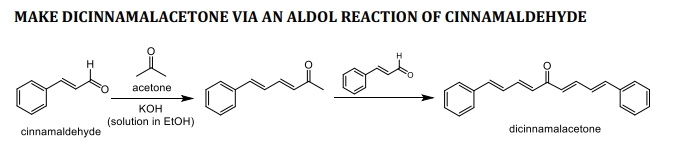 MAKE DICINNAMALACETONE VIA AN ALDOL REACTION OF CINNAMALDEHYDE
oul
acetone
Кон
(solution in E1OH)
cinnamaldehyde
dicinnamalacetone
