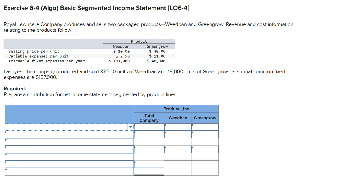 Exercise 6-4 (Algo) Basic Segmented Income Statement [LO6-4]
Royal Lawncare Company produces and sells two packaged products-Weedban and Greengrow. Revenue and cost information
relating to the products follow:
Selling price per unit
Variable expenses per unit
Product
Weedban
$ 10.00
Greengrow
$ 40.00
$ 2.50
$ 131,000
$ 11.00
$ 48,000
Traceable fixed expenses per year
Last year the company produced and sold 37,500 units of Weedban and 18,000 units of Greengrow. Its annual common fixed
expenses are $107,000.
Required:
Prepare a contribution format income statement segmented by product lines.
Product Line
Total
Company
Weedban
Greengrow