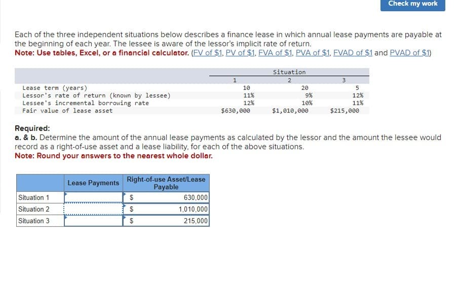 Each of the three independent situations below describes a finance lease in which annual lease payments are payable at
the beginning of each year. The lessee is aware of the lessor's implicit rate of return.
Note: Use tables, Excel, or a financial calculator. (FV of $1, PV of $1, FVA of $1, PVA of $1, FVAD of $1 and PVAD of $1)
Lease term (years)
Lessor's rate of return (known by lessee)
Lessee's incremental borrowing rate
Fair value of lease asset
Situation 1
Situation 2
Situation 3
Lease Payments
Right-of-use Asset/Lease
$
$
$
Payable
1
630,000
1,010,000
215,000
10
11%
12%
$630,000
Situation.
2
20
9%
10%
Required:
a. & b. Determine the amount of the annual lease payments as calculated by the lessor and the amount the lessee would
record as a right-of-use asset and a lease liability, for each of the above situations.
Note: Round your answers to the nearest whole dollar.
$1,010,000
3
5
12%
11%
Check my work
$215,000