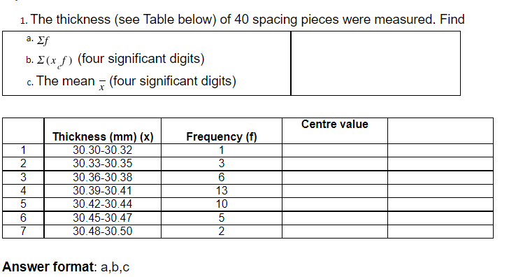 1. The thickness (see Table below) of 40 spacing pieces were measured. Find
a. Ef
b. E (x f) (four significant digits)
c. The mean - (four significant digits)
Centre value
Frequency (f)
1
Thickness (mm) (x)
1
30.30-30.32
30.33-30.35
30.36-30.38
30.39-30.41
30.42-30.44
30.45-30.47
2
3
3
4
13
10
6
30.48-30.50
2
Answer format: a,b,c
