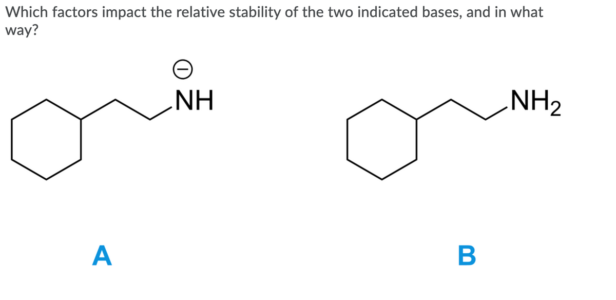Which factors impact the relative stability of the two indicated bases, and in what
way?
NH
.NH2
A
B
