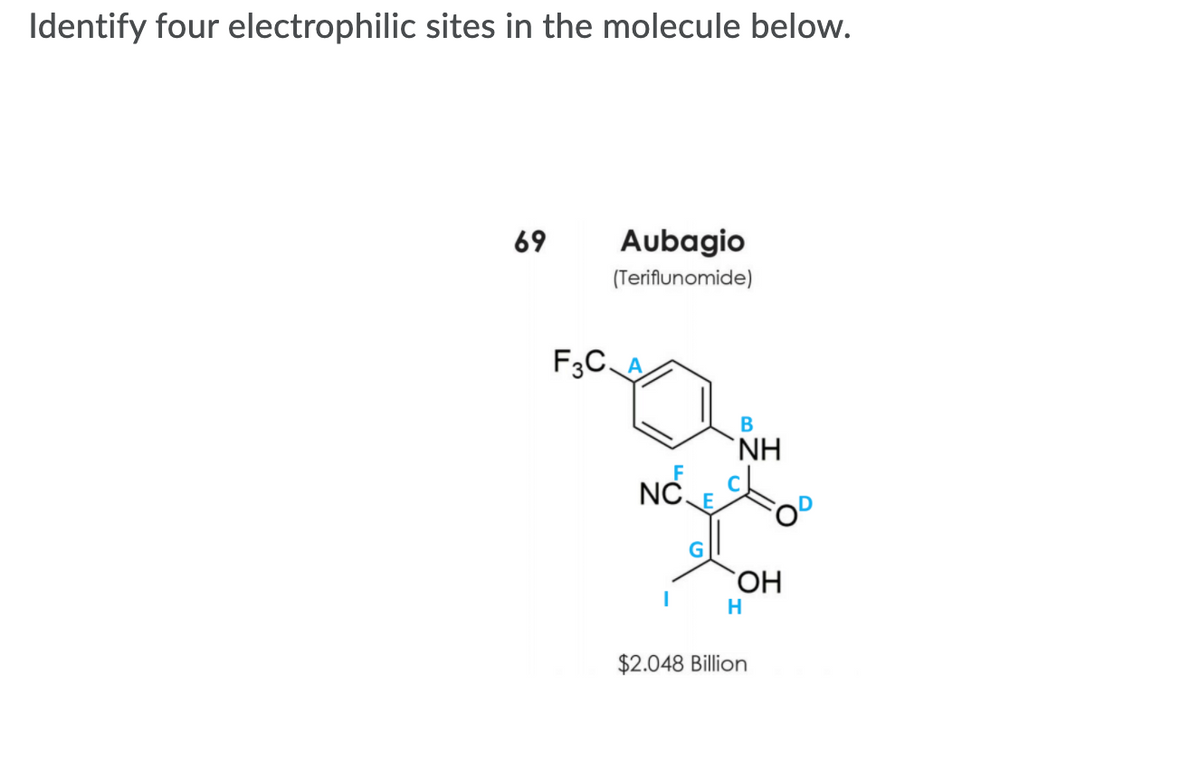Identify four electrophilic sites in the molecule below.
69
Aubagio
(Teriflunomide)
F3C.
`NH
NCE
G
OH
$2.048 Billion
