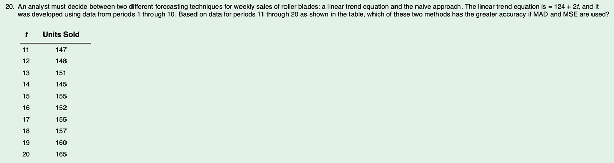 20. An analyst must decide between two different forecasting techniques for weekly sales of roller blades: a linear trend equation and the naive approach. The linear trend equation is = 124 + 2t, and it
was developed using data from periods 1 through 10. Based on data for periods 11 through 20 as shown in the table, which of these two methods has the greater accuracy if MAD and MSE are used?
t
11
12
13
14
15
16
17
18
19
20
Units Sold
147
148
151
145
155
152
155
157
160
165