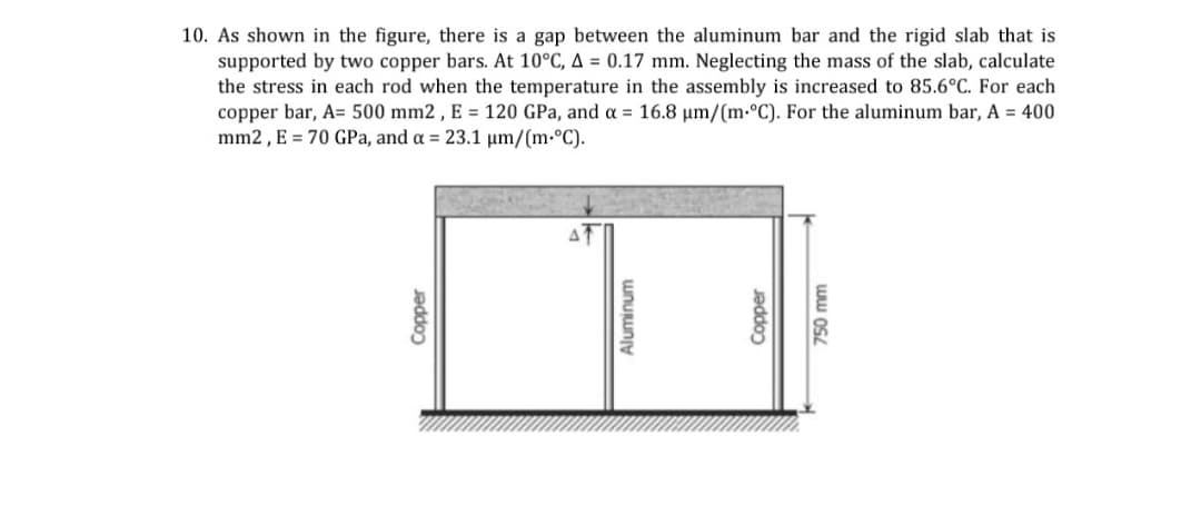10. As shown in the figure, there is a gap between the aluminum bar and the rigid slab that is
supported by two copper bars. At 10°C, A = 0.17 mm. Neglecting the mass of the slab, calculate
the stress in each rod when the temperature in the assembly is increased to 85.6°C. For each
copper bar, A= 500 mm2 , E = 120 GPa, and a = 16.8 µm/(m•°C). For the aluminum bar, A = 400
mm2 , E = 70 GPa, and a = 23.1 µm/(m•°C).
Copper
Aluminum
Copper
750 mm
