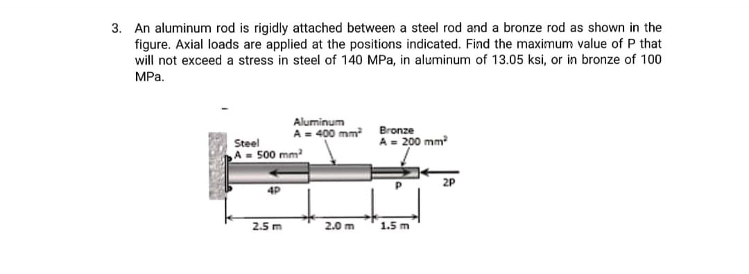 3. An aluminum rod is rigidly attached between a steel rod and a bronze rod as shown in the
figure. Axial loads are applied at the positions indicated. Find the maximum value of P that
will not exceed a stress in steel of 140 MPa, in aluminum of 13.05 ksi, or in bronze of 100
MРа.
Aluminum
A = 400 mm
Bronze
A = 200 mm
Steel
A = 500 mm?
2P
4P
2.5 m
2.0 m
1.5 m
