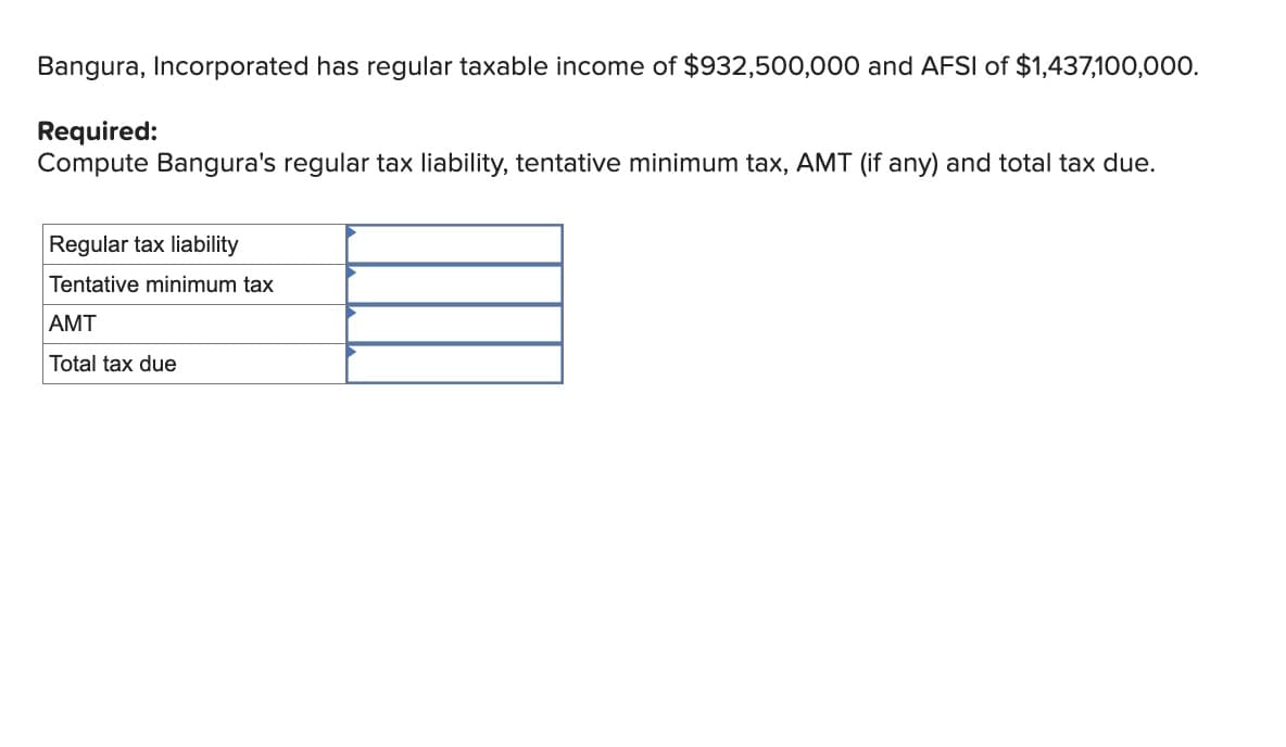 Bangura, Incorporated has regular taxable income of $932,500,000 and AFSI of $1,437,100,000.
Required:
Compute Bangura's regular tax liability, tentative minimum tax, AMT (if any) and total tax due.
Regular tax liability
Tentative minimum tax
AMT
Total tax due