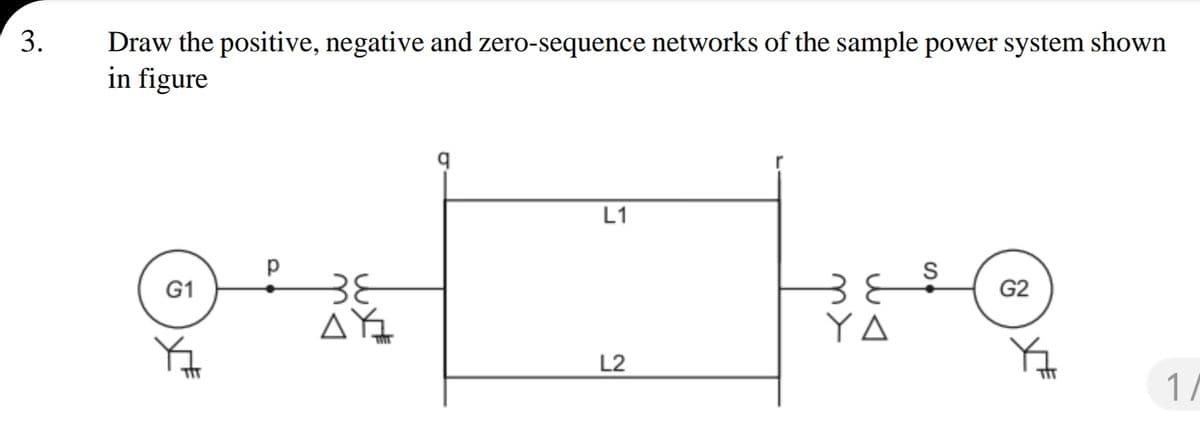 Draw the positive, negative and zero-sequence networks of the sample power system shown
in figure
L1
38
G1
G2
YA
L2
17
3.
