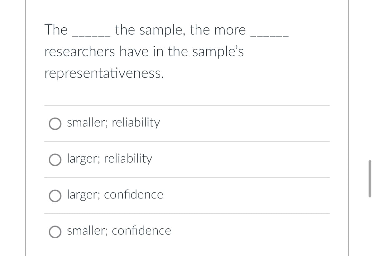 The
the sample, the more
researchers have in the sample's
representativeness.
smaller; reliability
larger; reliability
O larger; confidence
O smaller; confidence