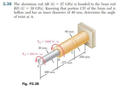 3.38 The aluminum rod AB (G = 27 GPa) is bonded to the brass rod
BD (G = 39 GPa). Knowing that portion CD of the brass rod is
hollow and has an inner diameter of 40 mm, determine the angle
of twist at A.
60 mm
T = 1600 N m
36 mm
TA = S00 N - mn
250 mm
B
375 mm
A
400 mm
Fig. P3.38
