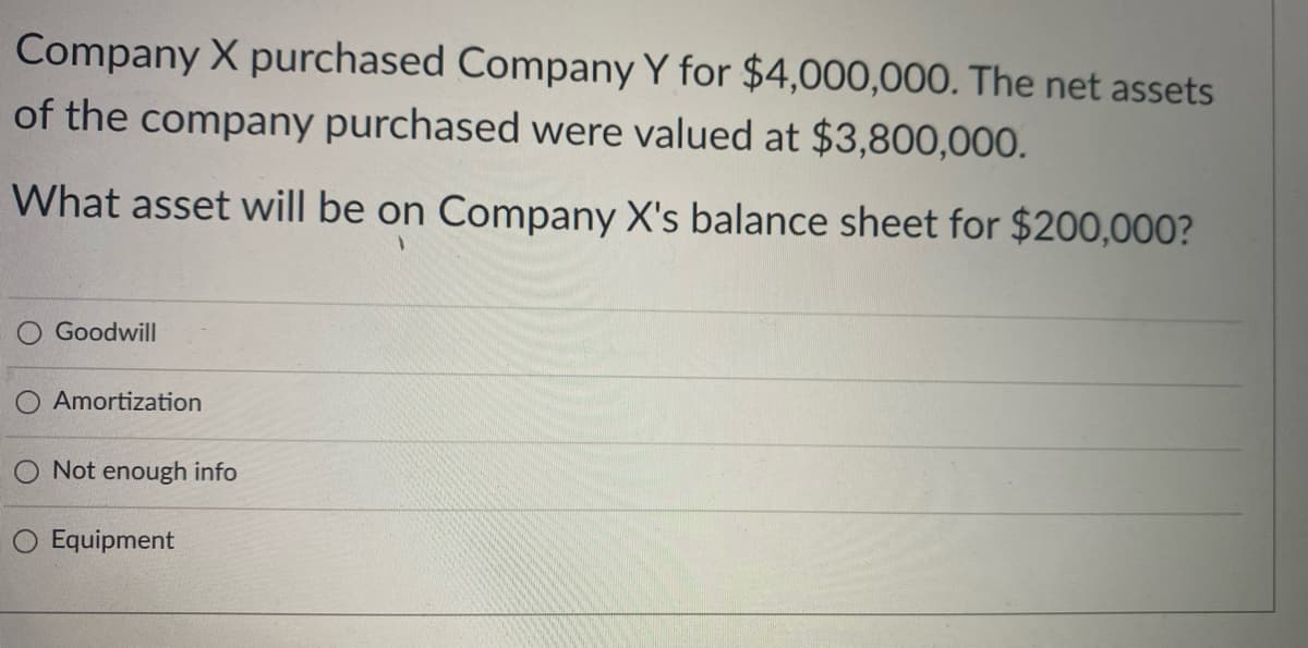 Company X purchased Company Y for $4,000,000. The net assets
of the company purchased were valued at $3,800,000.
What asset will be on Company X's balance sheet for $200,000?
Goodwill
Amortization
Not enough info
Equipment
