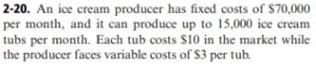 2-20. An ice cream producer has fixed costs of $70,000
per month, and it can produce up to 15,000 ice cream
tubs per month. Each tub costs $10 in the market while
the producer faces variable costs of $3 per tub.
