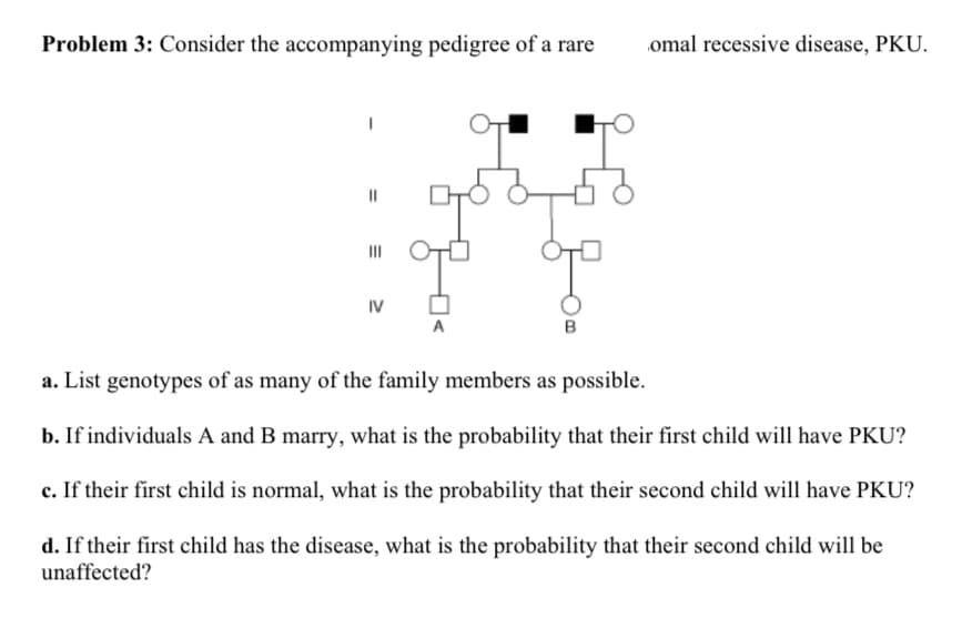 Problem 3: Consider the accompanying pedigree of a rare
11
|||
IV
A
B
omal recessive disease, PKU.
a. List genotypes of as many of the family members as possible.
b. If individuals A and B marry, what is the probability that their first child will have PKU?
c. If their first child is normal, what is the probability that their second child will have PKU?
d. If their first child has the disease, what is the probability that their second child will be
unaffected?