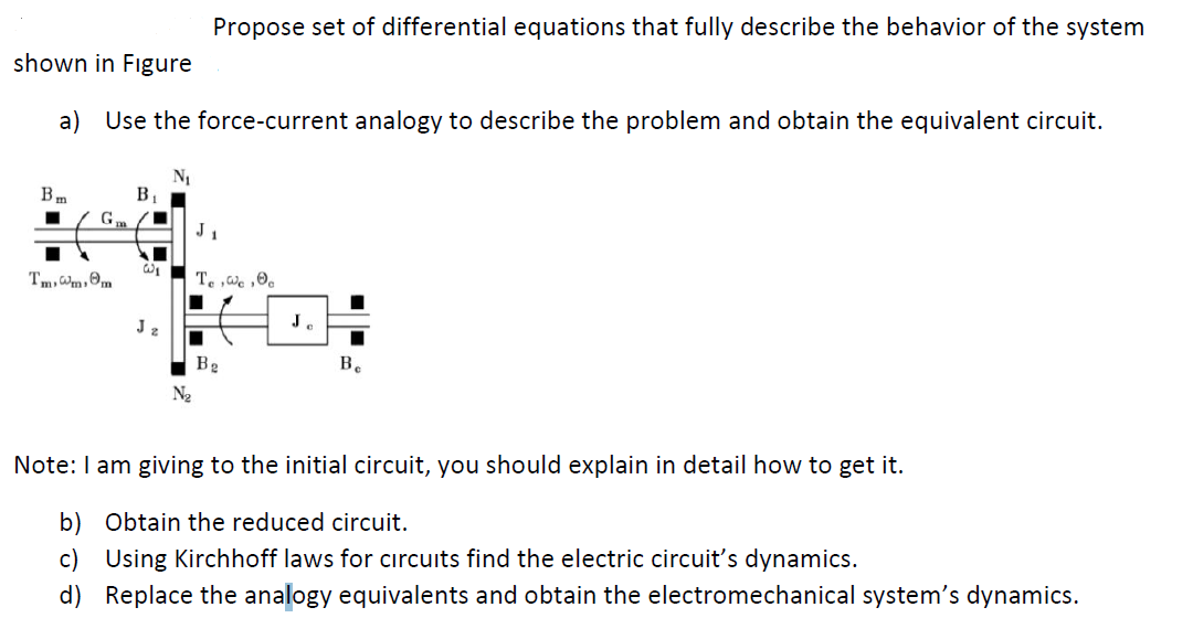 Propose set of differential equations that fully describe the behavior of the system
shown in Figure
a) Use the force-current analogy to describe the problem and obtain the equivalent circuit.
B.
m
B,
Gm
J.
Tm, Wm,Om
Te ,We ,0.
J.
Bg
Be
N2
Note: I am giving to the initial circuit, you should explain in detail how to get it.
b) Obtain the reduced circuit.
c) Using Kirchhoff laws for circuits find the electric circuit's dynamics.
d) Replace the analogy equivalents and obtain the electromechanical system's dynamics.

