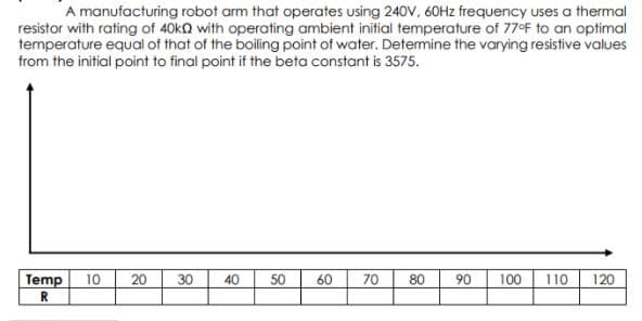 A manufacturing robot arm that operates using 240V, 60HZ frequency uses a thermal
resistor with rating of 40kn with operating ambient initial temperature of 77°F to an optimal
temperature equal of that of the boiling point of water. Detemine the varying resistive values
from the initial point to final point if the beta constant is 3575.
20
40
90
110
Temp
R.
10
30
50
60
70
80
100
120
