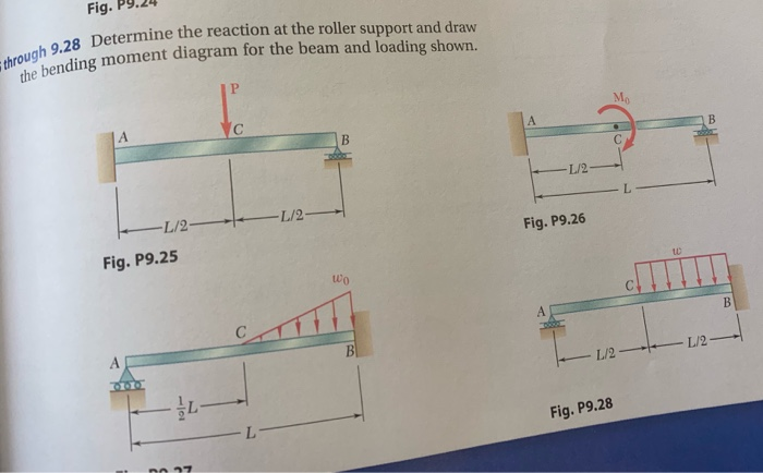 Fig.
through 9.28 Determine the reaction at the roller support and draw
the bending moment diagram for the beam and loading shown.
A
-L/2-
Fig. P9.25
-101
DO 37
P
L
-L/2-
wo
A
L/2-
Fig. P9.26
Mo
Fig. P9.28
C
L
L/2-
9
10
L/2-
B