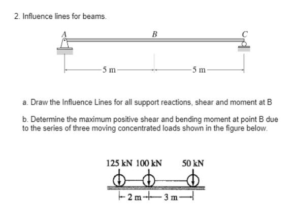 2. Influence lines for beams.
-5 m
B
-5 m-
a. Draw the Influence Lines for all support reactions, shear and moment at B
b. Determine the maximum positive shear and bending moment at point B due
to the series of three moving concentrated loads shown in the figure below.
125 kN 100 KN
b b
-2m-3 m-
50 kN
$