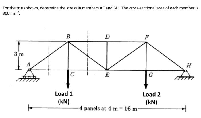 For the truss shown, determine the stress in members AC and BD. The cross-sectional area of each member is
900 mm².
3 m
A
B
C
Load 1
(kN)
D
E
-4 panels at 4 m = 16 m-
F
G
Load 2
(kN)
H