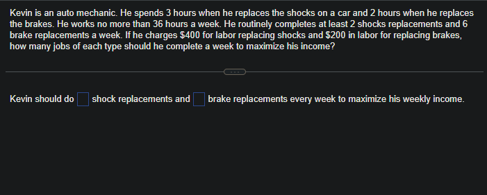 Kevin is an auto mechanic. He spends 3 hours when he replaces the shocks on a car and 2 hours when he replaces
the brakes. He works no more than 36 hours a week. He routinely completes at least 2 shocks replacements and 6
brake replacements a week. If he charges $400 for labor replacing shocks and $200 in labor for replacing brakes,
how many jobs of each type should he complete a week to maximize his income?
Kevin should do shock replacements and brake replacements every week to maximize his weekly income.