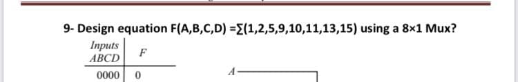 9- Design equation F(A,B,C,D) =E(1,2,5,9,10,11,13,15) using a 8x1 Mux?
Inputs
ABCD
F
0000

