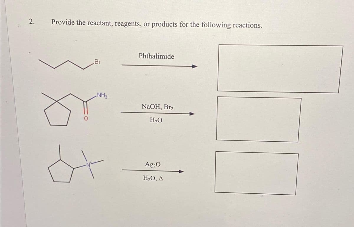 2.
Provide the reactant, reagents, or products for the following reactions.
Br
NH₂
$
Phthalimide
NaOH, Br₂
H₂O
Ag₂O
H₂O, A