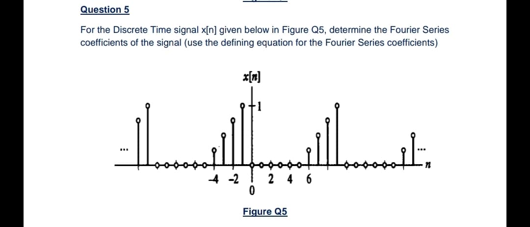 Question 5
For the Discrete Time signal x[n] given below in Figure Q5, determine the Fourier Series
coefficients of the signal (use the defining equation for the Fourier Series coefficients)
x[n]
...
-4 -2
2 4 6
Figure Q5
