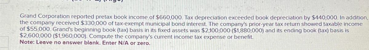 Grand Corporation reported pretax book income of $660,000. Tax depreciation exceeded book depreciation by $440,000. In addition,
the company received $330,000 of tax-exempt municipal bond interest. The company's prior-year tax return showed taxable income
of $55,000. Grand's beginning book (tax) basis in its fixed assets was $2,100,000 ($1,880,000) and its ending book (tax) basis is
$2,600,000 ($1,960,000). Compute the company's current income tax expense or benefit.
Note: Leave no answer blank. Enter N/A or zero.