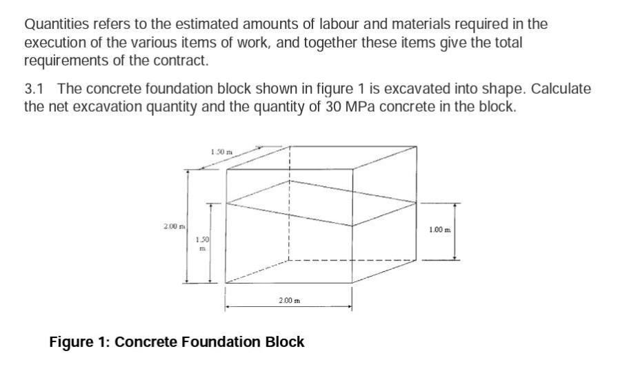 Quantities refers to the estimated amounts of labour and materials required in the
execution of the various items of work, and together these items give the total
requirements of the contract.
3.1 The concrete foundation block shown in figure 1 is excavated into shape. Calculate
the net excavation quantity and the quantity of 30 MPa concrete in the block.
1.50 m
1.00 m
1.50
m
2.00 m
Figure 1: Concrete Foundation Block
2.00m