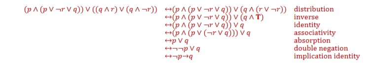 (p ^ (pv ¬r v q)) V ((q^r) V (q^r)) (p^(pv¬rva)) V (q^(rV¬r))
→(p^ (pv¬rvq)) V (q^T)
→(pA (PV¬rVq)) va
→(p^ (pv (rVq))) Va
→pVq
p Vqרר←
→-p-q
distribution
inverse
identity
associativity
absorption
double negation
implication identity