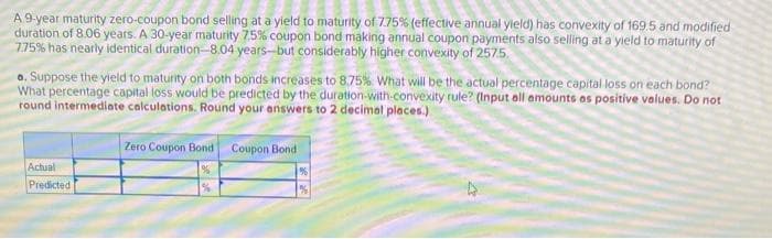 A 9-year maturity zero-coupon bond selling at a yield to maturity of 7.75% (effective annual yield) has convexity of 169.5 and modified
duration of 8.06 years. A 30-year maturity 7.5% coupon bond making annual coupon payments also selling at a yield to maturity of
7.75% has nearly identical duration-8.04 years-but considerably higher convexity of 257.5.
a. Suppose the yield to maturity on both bonds increases to 8.75% What will be the actual percentage capital loss on each bond?
What percentage capital loss would be predicted by the duration-with-convexity rule? (Input all amounts as positive values. Do not
round intermediate calculations. Round your answers to 2 decimal places.)
Zero Coupon Bond Coupon Bond
Actual
Predicted