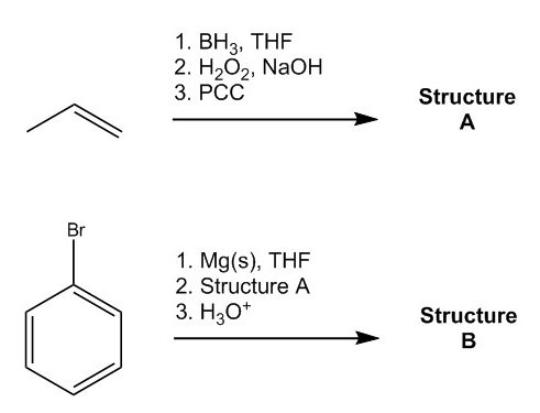 Br
1. BH3, THF
2. H2O2, NaOH
3. PCC
Structure
A
1. Mg(s), THF
2. Structure A
3. H3O+
Structure
B