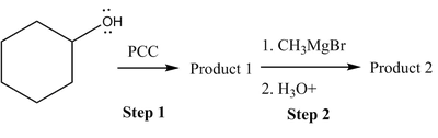 .OH
::
PCC
Step 1
Product 1
1. CH3MgBr
2. H3O+
Product 2
Step 2