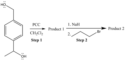 HO
:O:
PCC
1. NaH
Product 1
Product 2
CH2Cl2
Br
2.
Step 1
Step 2
OH
::