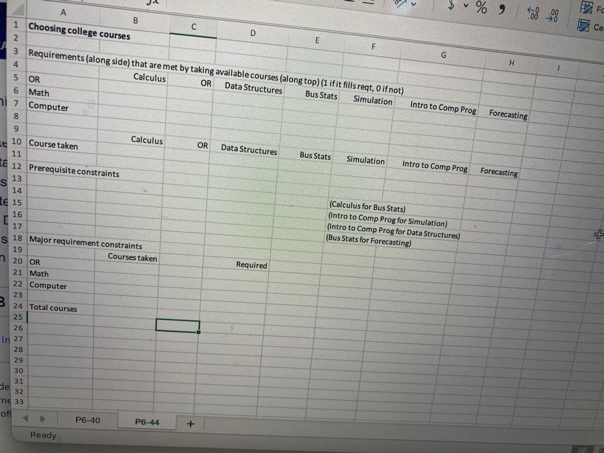 EA
S
1 Choosing college courses
N345
2
B
6 Math
ni 7 Computer
8
9
10 Course taken
ta
a 12 Prerequisite constraints
23456
13
14
te 15
A
OR
►
Ready
B
16
17
IS 18 Major requirement constraints
19
20 OR
21 Math
22 Computer
23
24 Total courses
25
26
In 27
28
29
30
31
de 32
me 33
ofl
Requirements (along side) that are met by taking available courses (along top) (1 if it fills reqt, 0 if not)
Calculus
OR
Data Structures
Bus Stats
Simulation
P6-40
5
Calculus
Courses taken
C
P6-44
+
OR
Data Structures
E
Required
|
Bus Stats
F
Simulation
G
Intro to Comp Prog
Intro to Comp Prog
% 9
(Calculus for Bus Stats)
(Intro to Comp Prog for Simulation)
(Intro to Comp Prog for Data Structures)
(Bus Stats for Forecasting)
H
Forecasting
Forecasting
.00
00 0
5.000
1
Fo
Ce
+