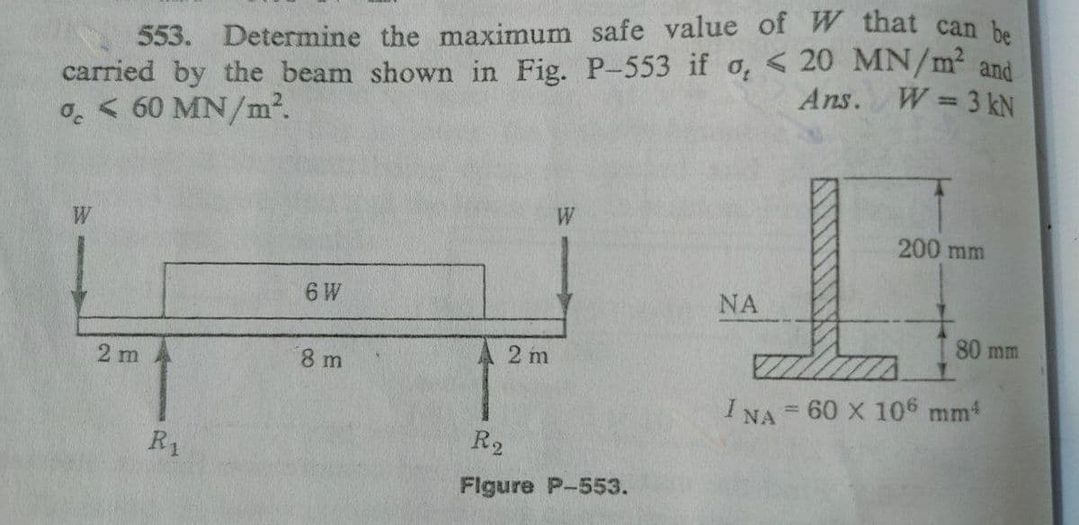 553. Determine the maximum safe value of W that can he
carried by the beam shown in Fig. P-553 if o, < 20 MN/m2 and
o. < 60 MN/m?.
Ans. W 3 kN
200 mm
NA
80 mm
2 m
2 m
8 m
I NA = 60 X 106 mm
R2
R1
Flgure P-553.
