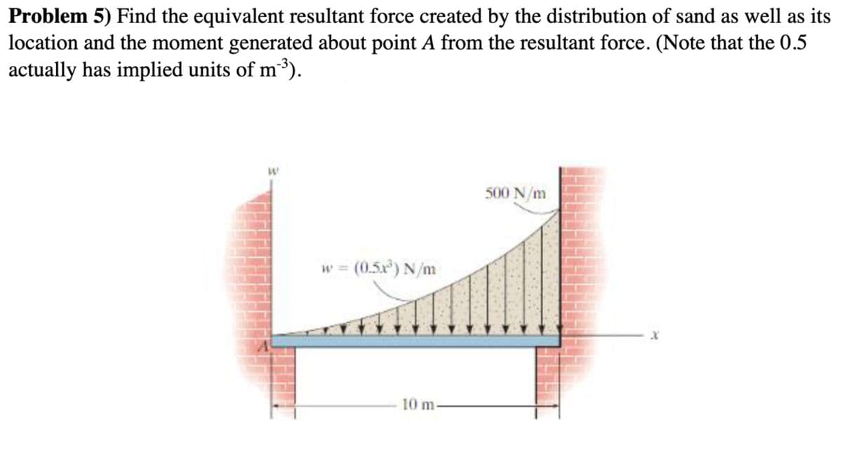 Problem 5) Find the equivalent resultant force created by the distribution of sand as well as its
location and the moment generated about point A from the resultant force. (Note that the 0.5
actually has implied units of m3).
500 N/m
w = (0.5x) N/m
10 m
