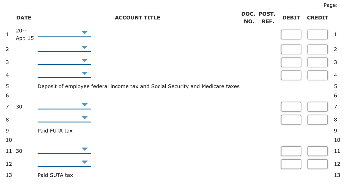 Page:
DOC. POST.
DATE
ACCOUNT TITLE
DEBIT
CREDIT
NO.
REF.
20--
1
Apr. 15
2
3
3
4
4
Deposit of employee federal income tax and Social Security and Medicare taxes
7
30
7
8.
9.
Paid FUTA tax
10
10
11 30
11
12
12
13
Paid SUTA tax
13
000
LO
