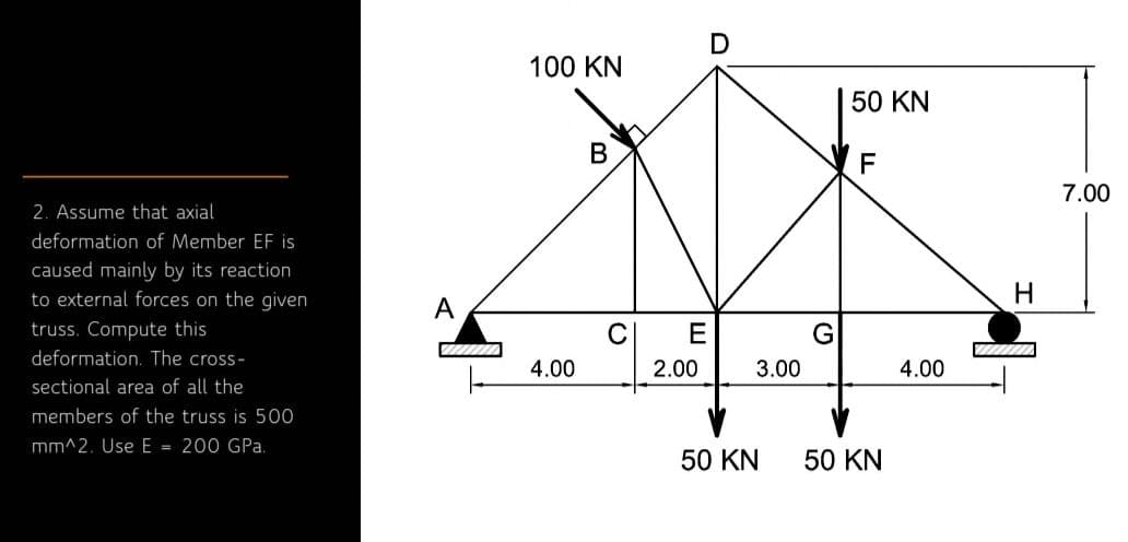 2. Assume that axial
deformation of Member EF is
caused mainly by its reaction
to external forces on the given
truss. Compute this
deformation. The cross-
sectional area of all the
members of the truss is 500
mm^2. Use E = 200 GPa.
A
100 KN
4.00
B
E
2.00
D
3.00
50 KN
F
50 KN 50 KN
4.00
H
7.00