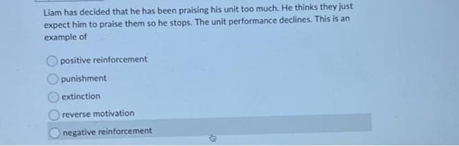 Liam has decided that he has been praising his unit too much. He thinks they just
expect him to praise them so he stops. The unit performance declines. This is an
example of
positive reinforcement
punishment
extinction
reverse motivation
negative reinforcement
4