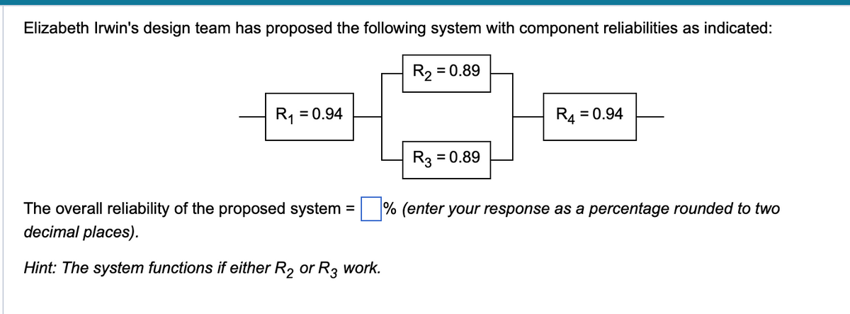 Elizabeth Irwin's design team has proposed the following system with component reliabilities as indicated:
R₂ = 0.89
R₁
= 0.94
R3 = 0.89
R4 = 0.94
The overall reliability of the proposed system = % (enter your response as a percentage rounded to two
decimal places).
Hint: The system functions if either R₂ or R3 work.