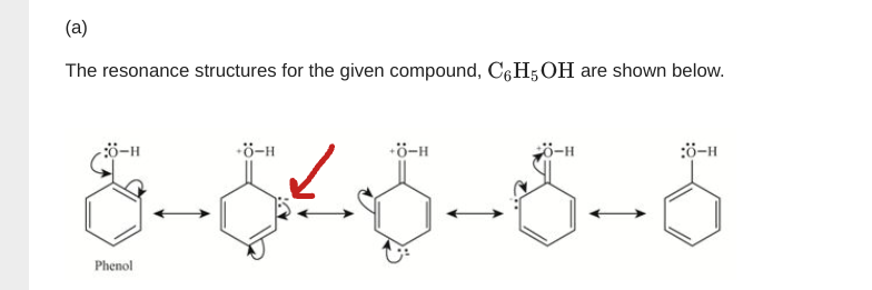 (a)
The resonance structures for the given compound, C6H5OH are shown below.
ö-H
ö-H
ö-H
ö-H
:ö-H
Phenol
