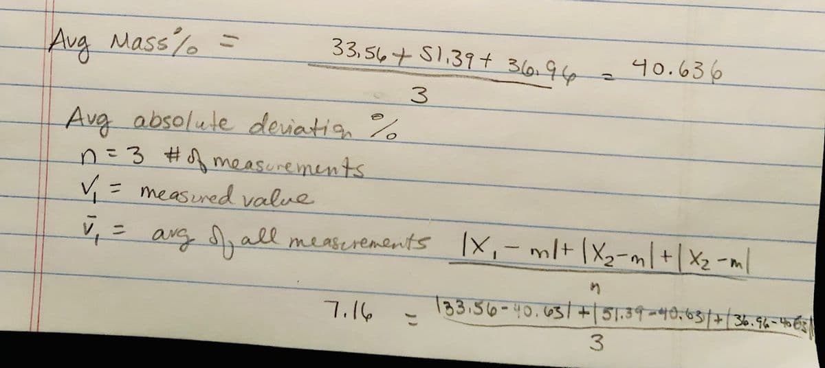 33.56+ 51.39 + 36.96
Avg Mass % =
3
Avg absolute deviation %
n = 3 # of measurements.
V₁ = measured value
v₁ = arg of all measurements |X, - ml+ | X₂-m/+|x₂-m/
7.16
40.636
133,56-40.65/+[51.39-40.63[+ 36.96 फ
3