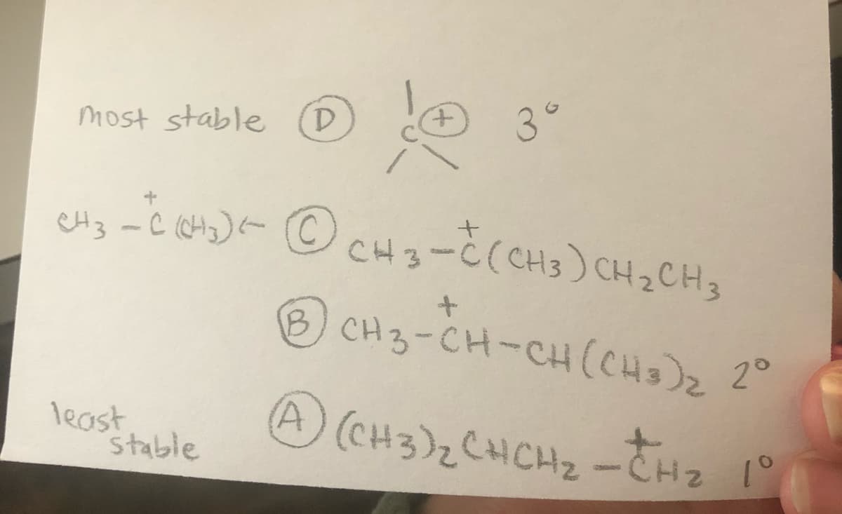 D.
3°
most stable
CH3 -C (CA2)(- © CH3-2(CH3) CH2CH3
O
CH3-CH-CH(CHs)2 2°
least
stable
A(CH3)2CHCH2
-THz
