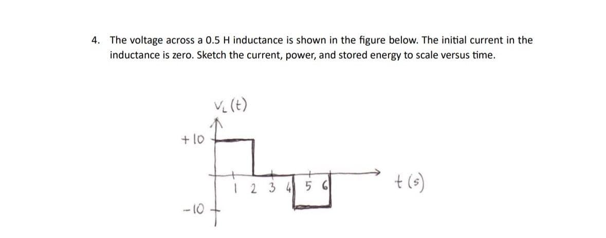 4. The voltage across a 0.5 H inductance is shown in the figure below. The initial current in the
inductance is zero. Sketch the current, power, and stored energy to scale versus time.
+10
V₁(t)
1 2 3 4 5 6
t(s)