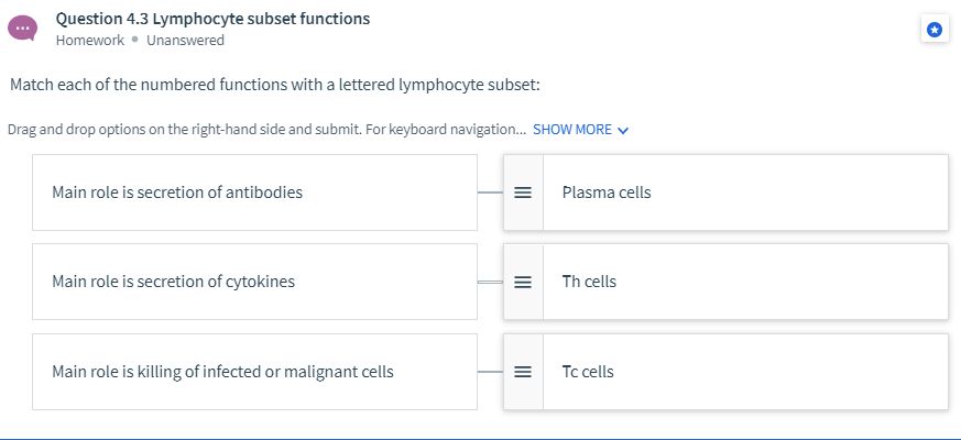 Question 4.3 Lymphocyte subset functions
Homework • Unanswered
Match each of the numbered functions with a lettered lymphocyte subset:
Drag and drop options on the right-hand side and submit. For keyboard navigation. SHOW MORE V
Main role is secretion of antibodies
=
Plasma cells
Main role is secretion of cytokines
Th cells
Main role is killing of infected or malignant cells
Tc cells
II
