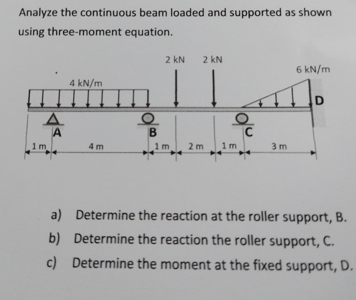 Analyze the continuous beam loaded and supported as shown
using three-moment equation.
1 m
A
A
2 kN
2 kN
6 kN/m
4 kN/m
D
0
B
C
4 m
1 m
2 m
1 m
3 m
a) Determine the reaction at the roller support, B.
b) Determine the reaction the roller support, C.
c) Determine the moment at the fixed support, D.