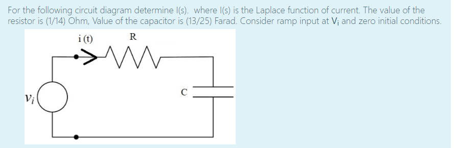For the following circuit diagram determine I(s). where I(s) is the Laplace function of current. The value of the
resistor is (1/14) Ohm, Value of the capacitor is (13/25) Farad. Consider ramp input at V; and zero initial conditions.
R
i (t)
Vị
