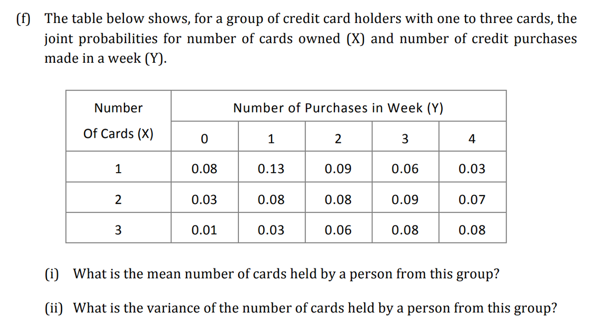 (f) The table below shows, for a group of credit card holders with one to three cards, the
joint probabilities for number of cards owned (X) and number of credit purchases
made in a week (Y).
Number
Number of Purchases in Week (Y)
Of Cards (X)
1
3
4
1
0.08
0.13
0.09
0.06
0.03
2
0.03
0.08
0.08
0.09
0.07
3
0.01
0.03
0.06
0.08
0.08
(i) What is the mean number of cards held by a person from this group?
(ii) What is the variance of the number of cards held by a person from this group?
