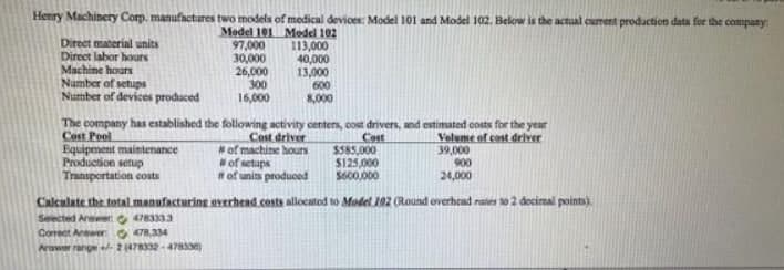 Henry Machinery Corp. manufactures two models of medical devices: Model 101 and Model 102. Below is the actual current production data for the company:
Direct material units
Direct labor hours
Machine hours
Number of setups
Number of devices produced
Medel 101 Model 102
97,000
30,000
26,000
300
16,000
113,000
40,000
13,000
600
8,000
The company has established the following activity centers, cost drivers, and estimated costs for the year
Cost Pool
Equipment maintenance
Production setup
Transportation costs
Cost driver
*of machine hours
of setups
t of units produoed
Cost
$585,000
$125,000
S600,000
Velume of cost driver
39,000
900
24,000
Calculate the total.manufacturing gverhend costs allocated to Model 192 (Round overhead rates to 2 decimal points).
Seected Arewet 4783333
Coneet Anewer O 478,334
rswer range 24782-47830)
